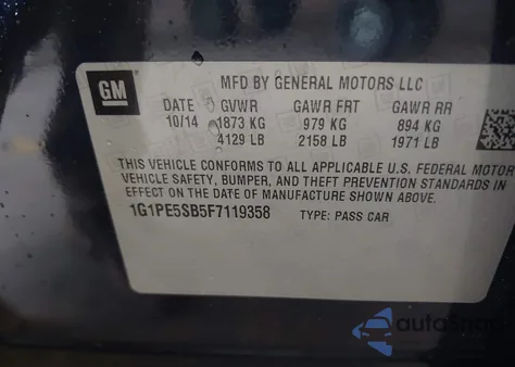 2015 Chevrolet Cruze 2Lt Auto from USA, damaged, VIN 1G1PE5SB5F7119358